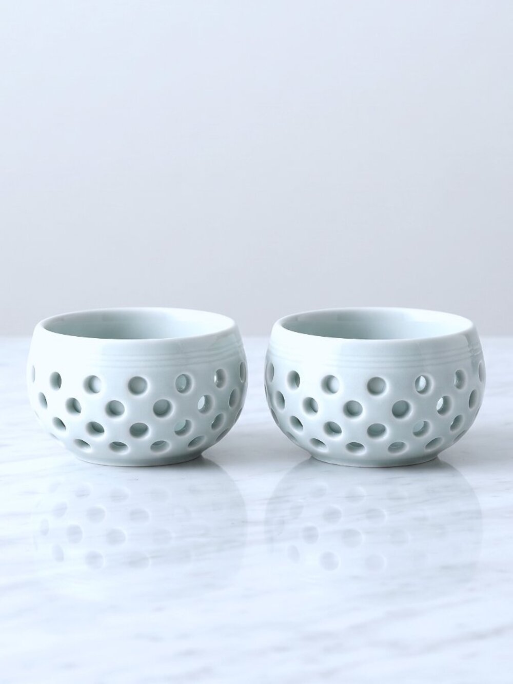 Vintage Celadon Porcelain Pierced Openwork Teacups Set of 2 Blue Green 3.5" Pair